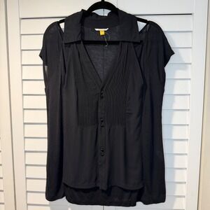 Leifsdottir Black Silk Trim Pintuck Tuxedo Top Bamboo Cashmere Blend L Blouse